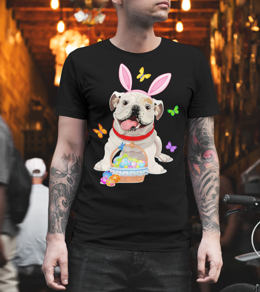 English Bulldog With Bunny Ears And Easter Egg Basket With Butterflies T-Shirt
