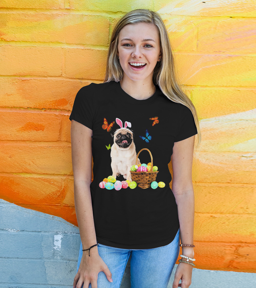 Pug With Bunny Ears And Easter Eggs With Colorful Butterflies T-Shirt