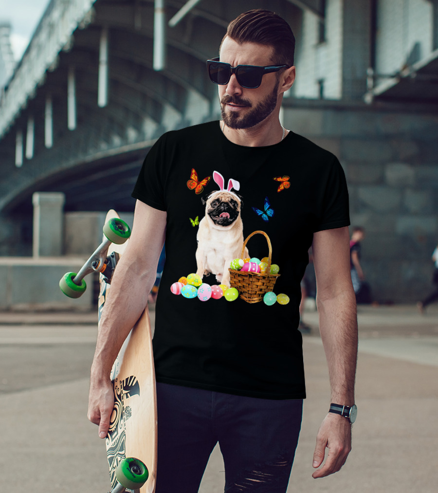Pug With Bunny Ears And Easter Eggs With Colorful Butterflies T-Shirt