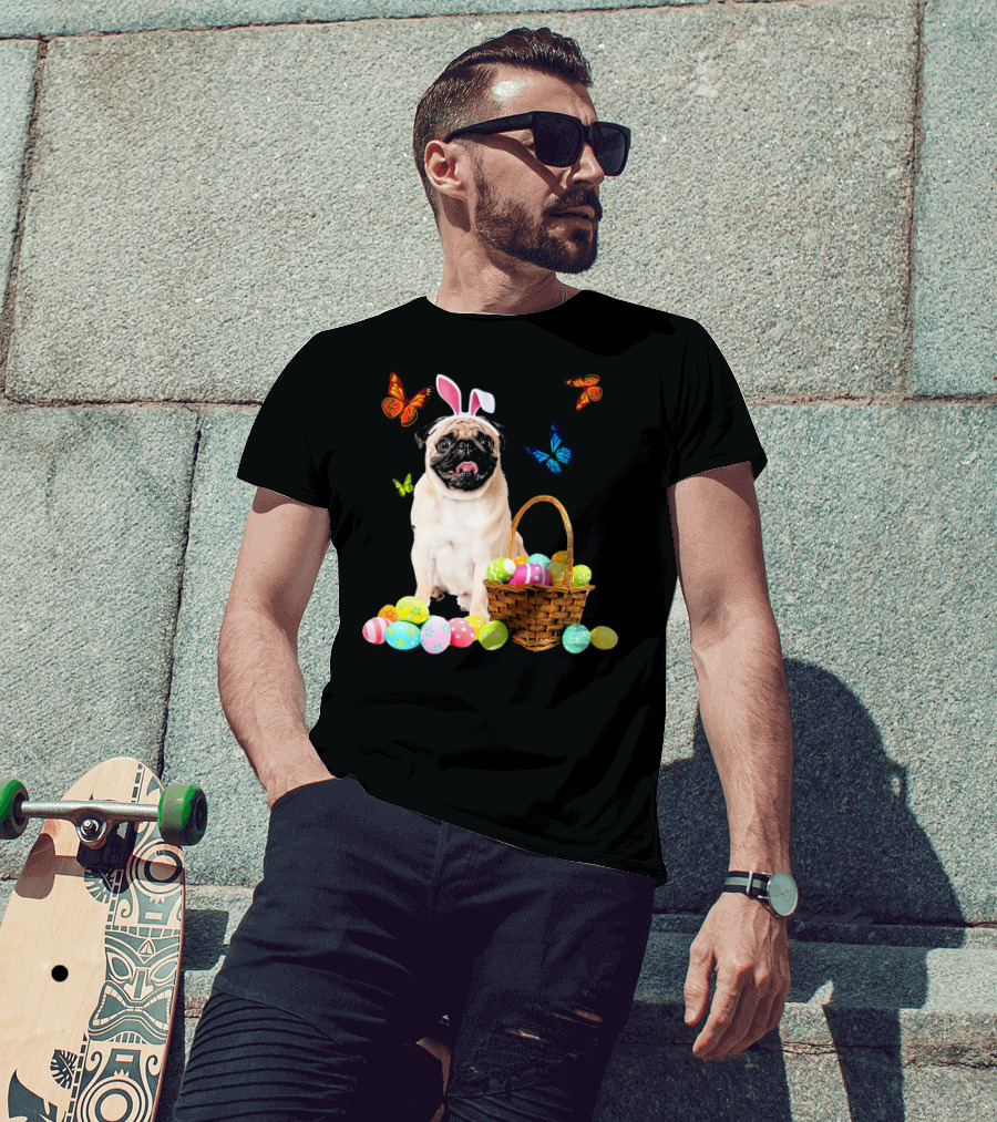 Pug With Bunny Ears And Easter Eggs With Colorful Butterflies T-Shirt
