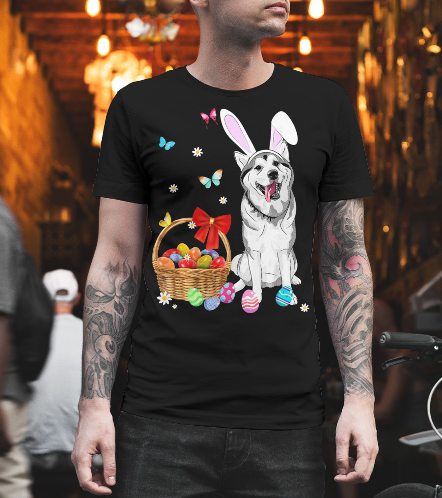 Siberian Husky Bunny Ears Easter Basket Eggs Butterflies T-Shirt