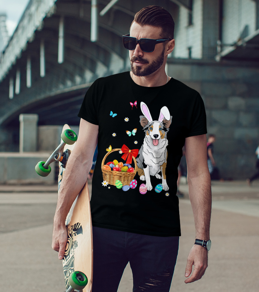 Australian Shepherd Bunny Ear Butterflies Basket Easter Egg Flowers T-Shirt