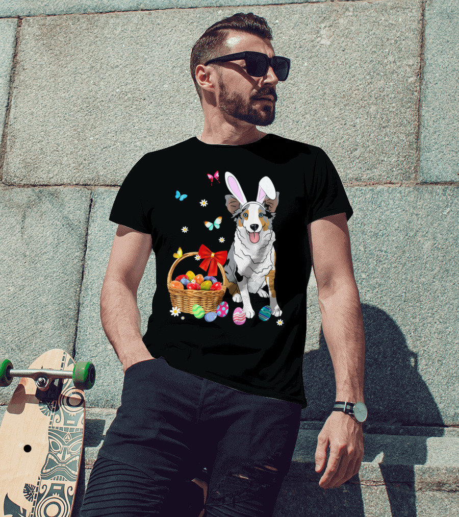 Australian Shepherd Bunny Ear Butterflies Basket Easter Egg Flowers T-Shirt