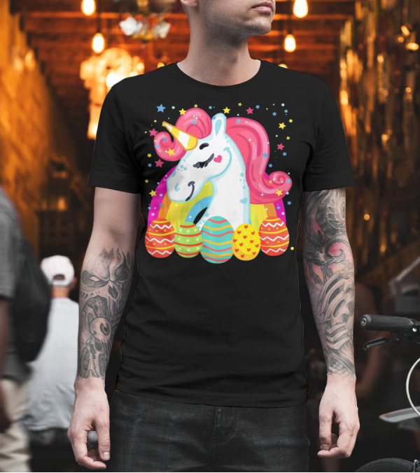 Unicorn with Rainbow Mane and Colorful Easter Eggs T-Shirt Unicorn with Rainbow Mane and Colorful Easter Eggs T-Shirt