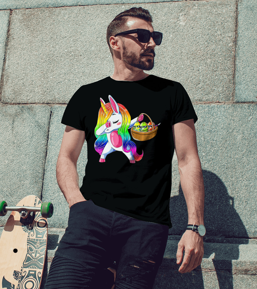 Girls Easter Unicorn Dabbing With Bunny Ear And Colorful Egg Basket T-Shirt