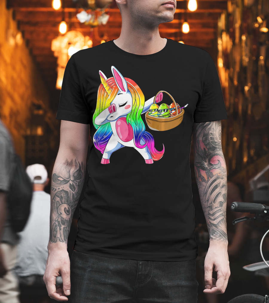 Girls Easter Unicorn Dabbing With Bunny Ear And Colorful Egg Basket T-Shirt