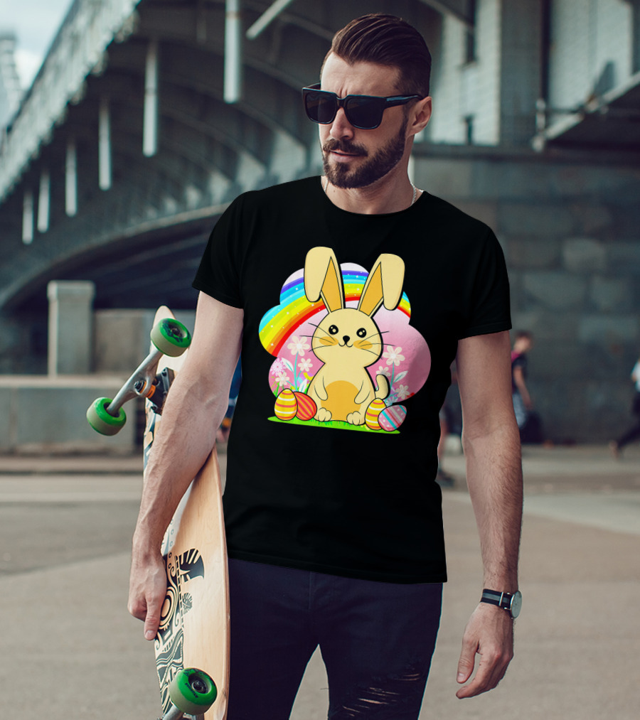 Easter Egg Bunny With Rainbow And Flowers T-Shirt