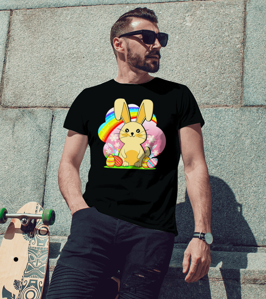 Easter Egg Bunny With Rainbow And Flowers T-Shirt