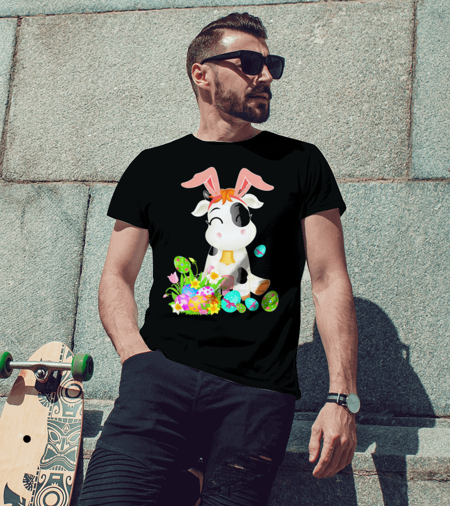 Happy Cow Easter Bunny With Colorful Eggs And Flowers T-Shirt