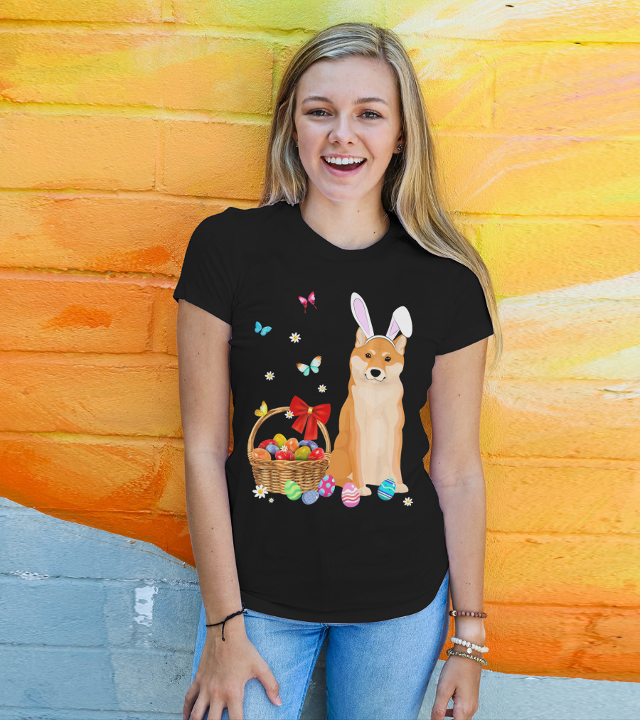 Shiba Inu Bunny Ear Rabbit Easter Eggs Basket Butterflies Flowers T-Shirt