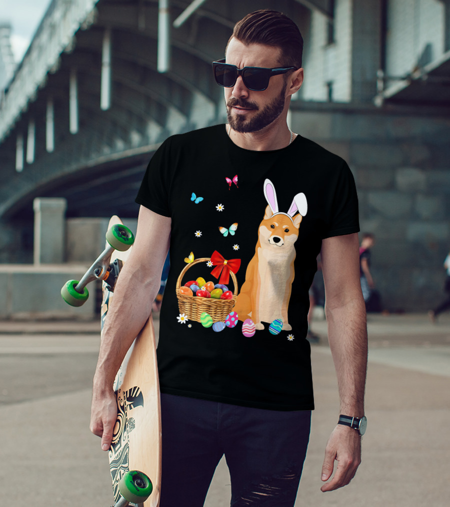 Shiba Inu Bunny Ear Rabbit Easter Eggs Basket Butterflies Flowers T-Shirt