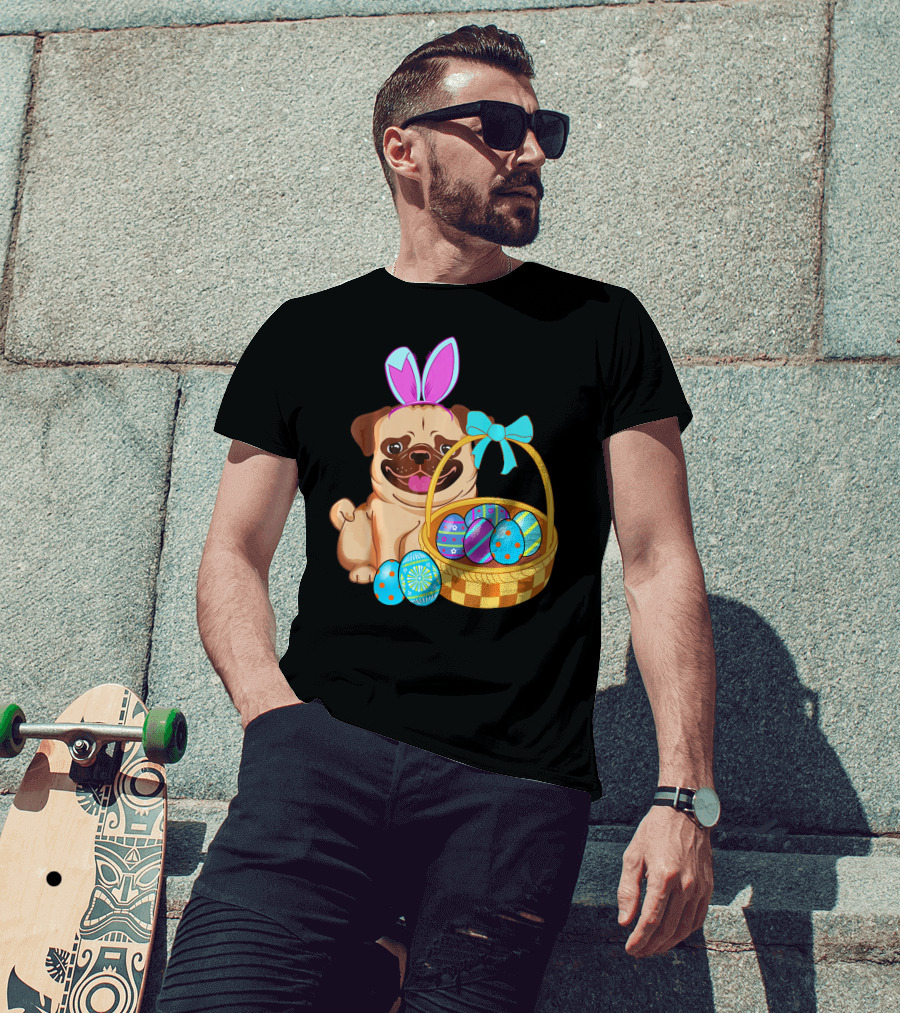 Pug Dog Easter Bunny Ears With Colorful Eggs Basket T-Shirt