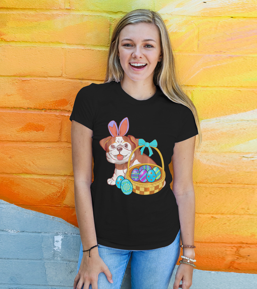 Easter Bulldog Holiday Bunny Ears With Easter Egg Basket T-Shirt