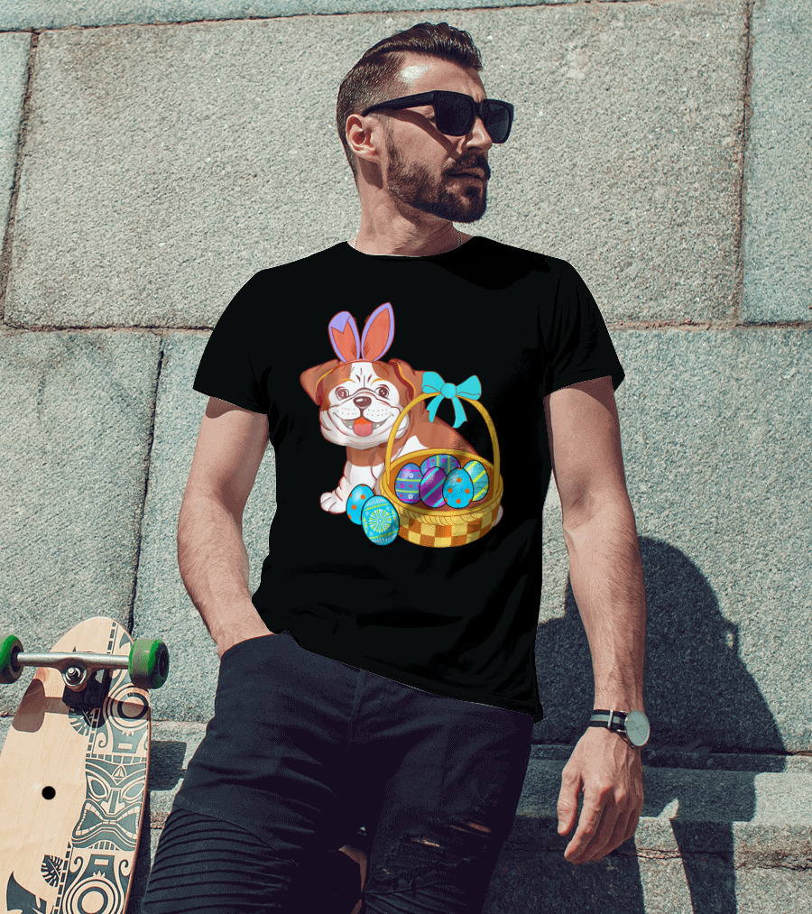 Easter Bulldog Holiday Bunny Ears With Easter Egg Basket T-Shirt