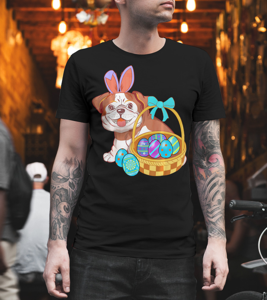Easter Bulldog Holiday Bunny Ears with Easter Egg Basket T-Shirt