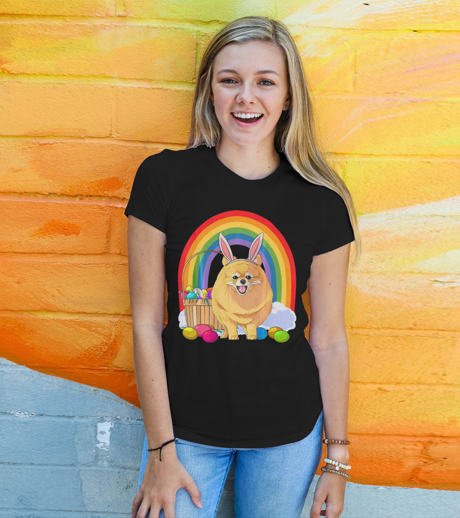 Easter Eggs Pomeranian Bunny Dog Rainbow Basket T-Shirt