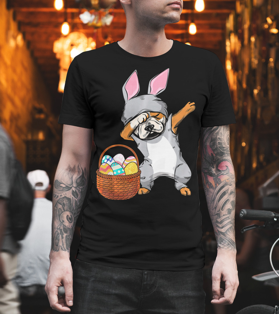 Dabbing Easter Bunny English Bulldog With Basket Of Eggs T-Shirt