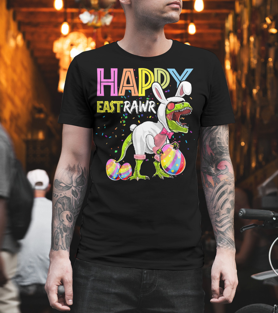 Happy Eastrawr Dinosaur Bunny With Eggs And Confetti T-Shirt