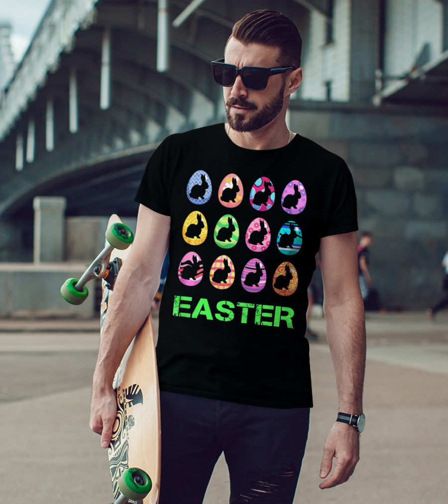 Easter Bunny Rabbit Egg Silhouettes With Colorful T-Shirt
