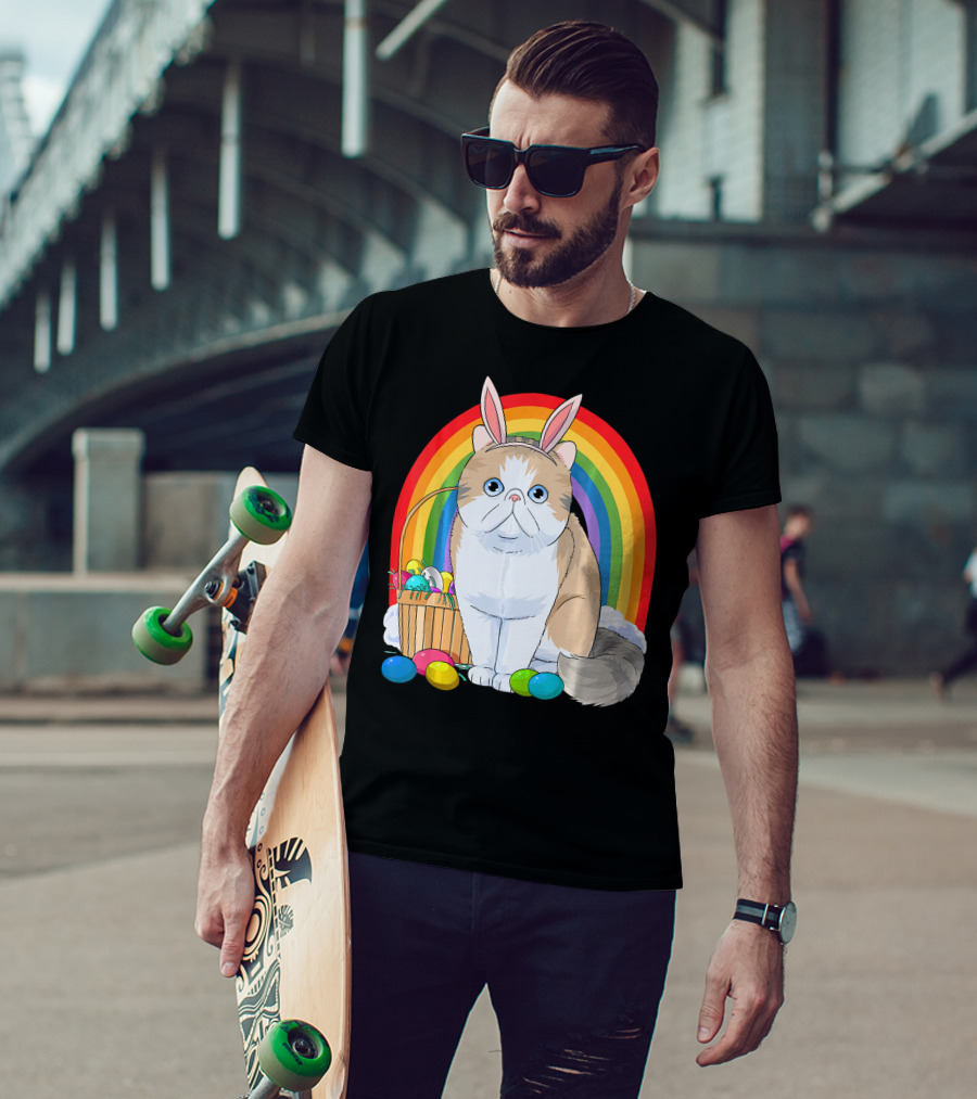 Exotic Shorthair Cat Bunny With Easter Eggs In Front Of Rainbow T-Shirt