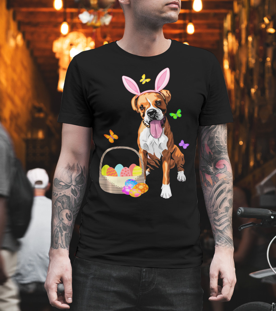 Girls Happy Easter Bunny Boxer Dog With Easter Eggs And Butterflies T-Shirt