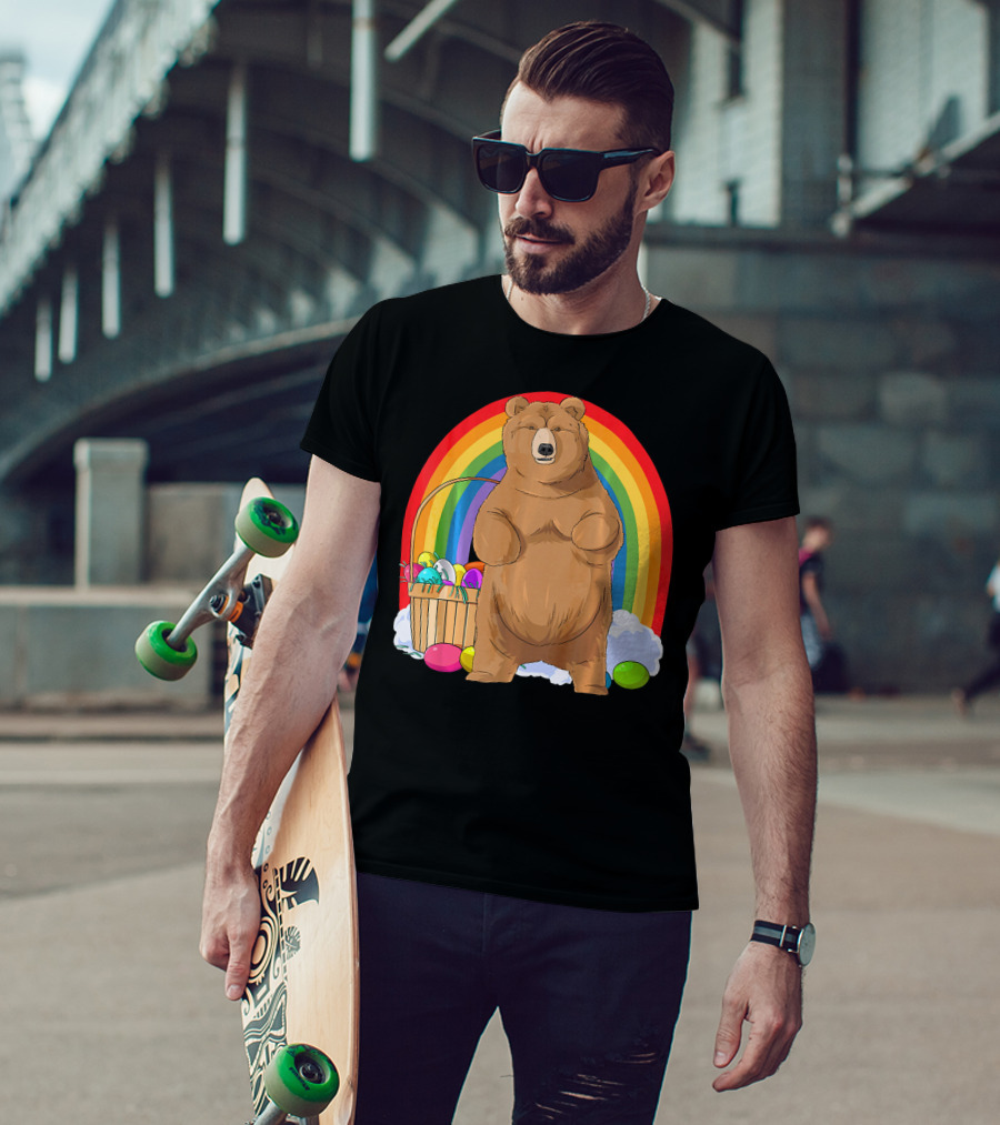 Bear With Easter Egg Basket And Rainbow Background T-Shirt