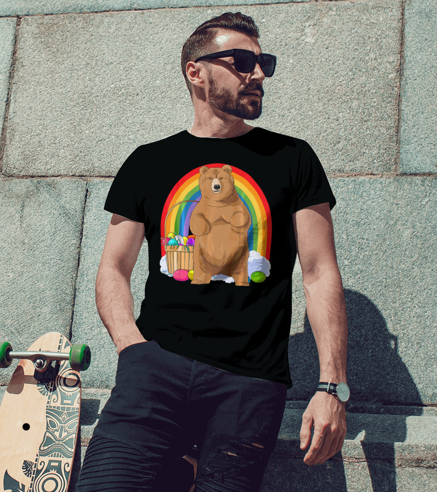 Bear With Easter Egg Basket And Rainbow Background T-Shirt