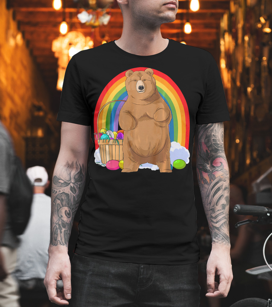 Bear with Easter Egg Basket and Rainbow Background T-Shirt