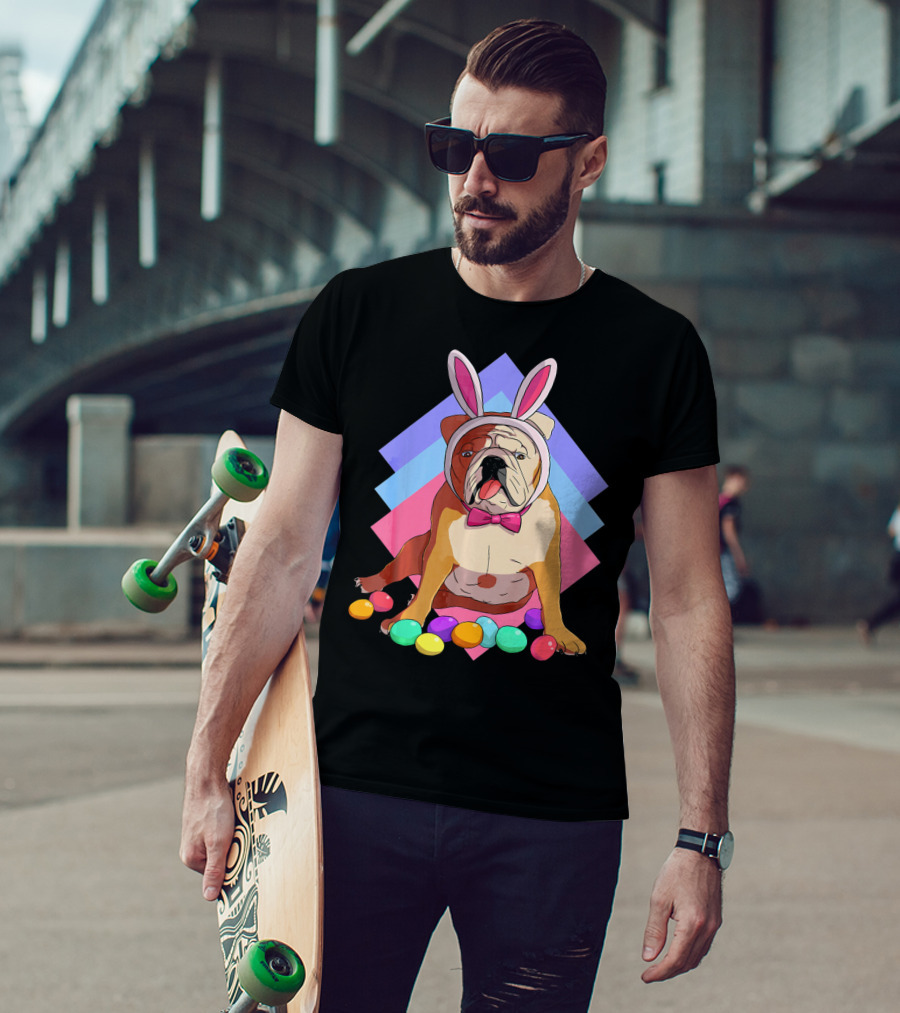 Easter Eggs Bulldog With Bunny Ears And Bowtie T-Shirt
