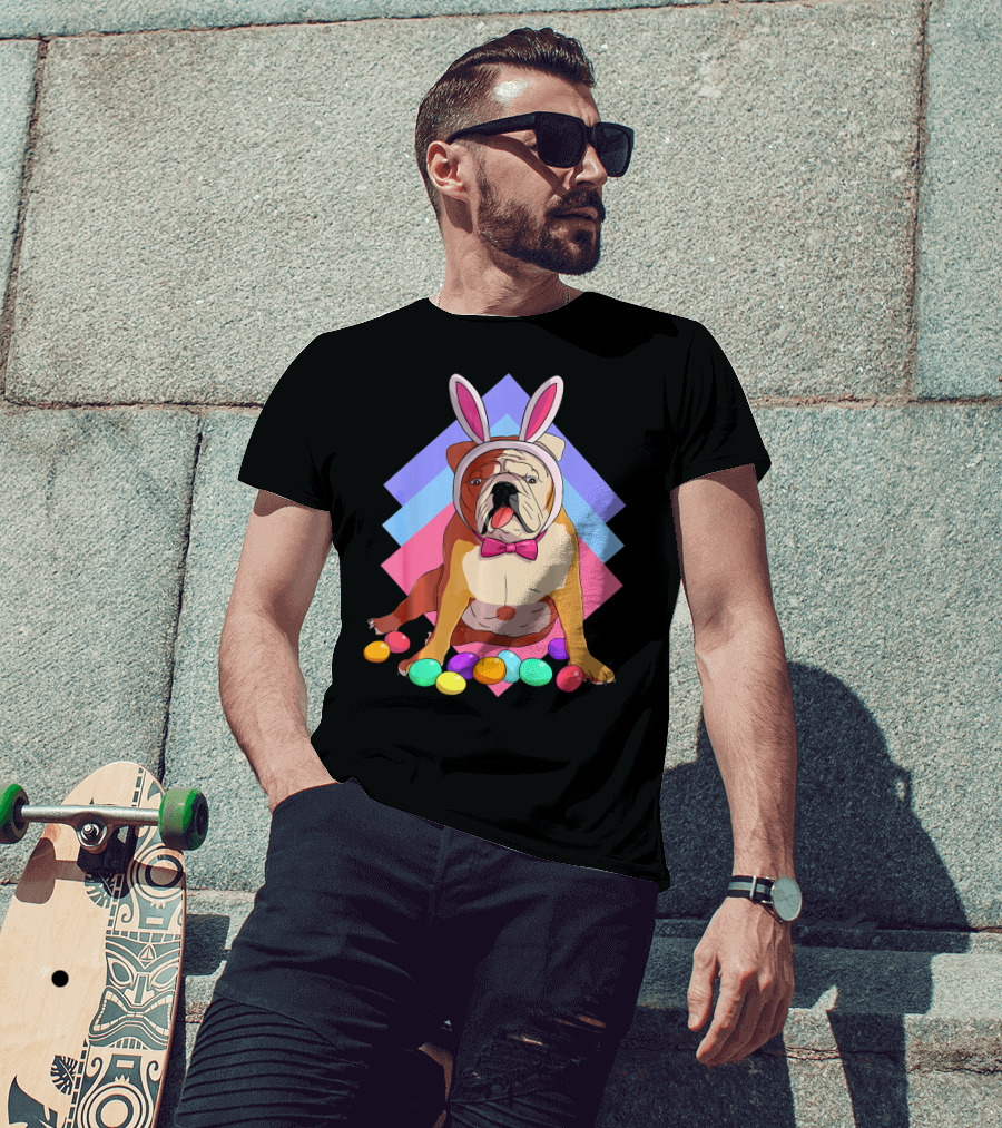 Easter Eggs Bulldog With Bunny Ears And Bowtie T-Shirt
