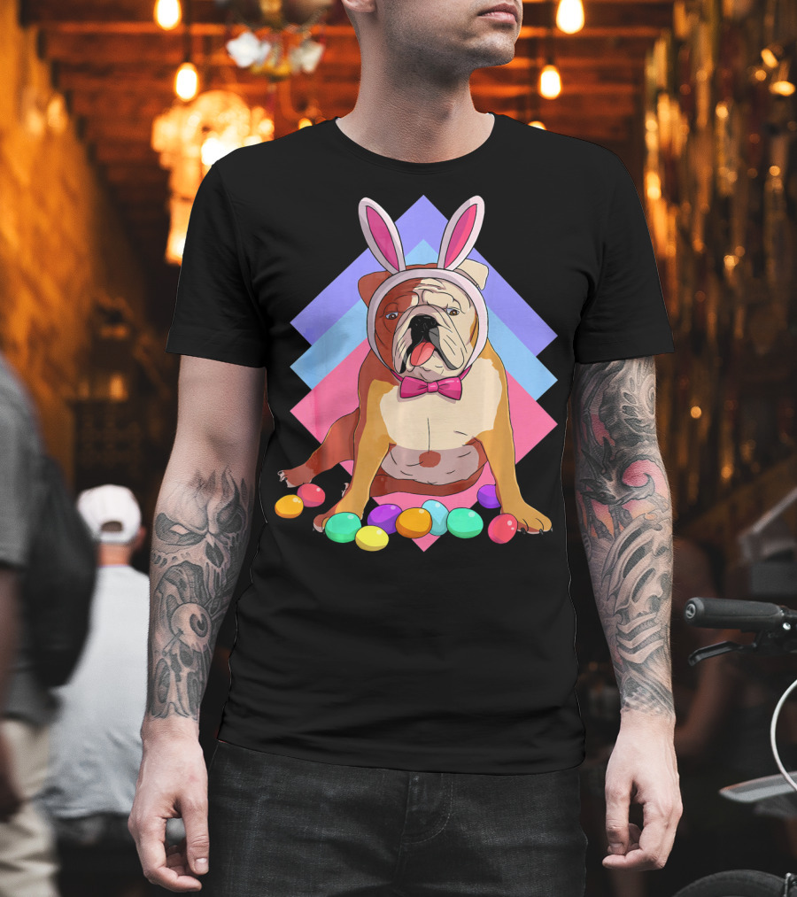Easter Eggs Bulldog with Bunny Ears and Bowtie T-Shirt