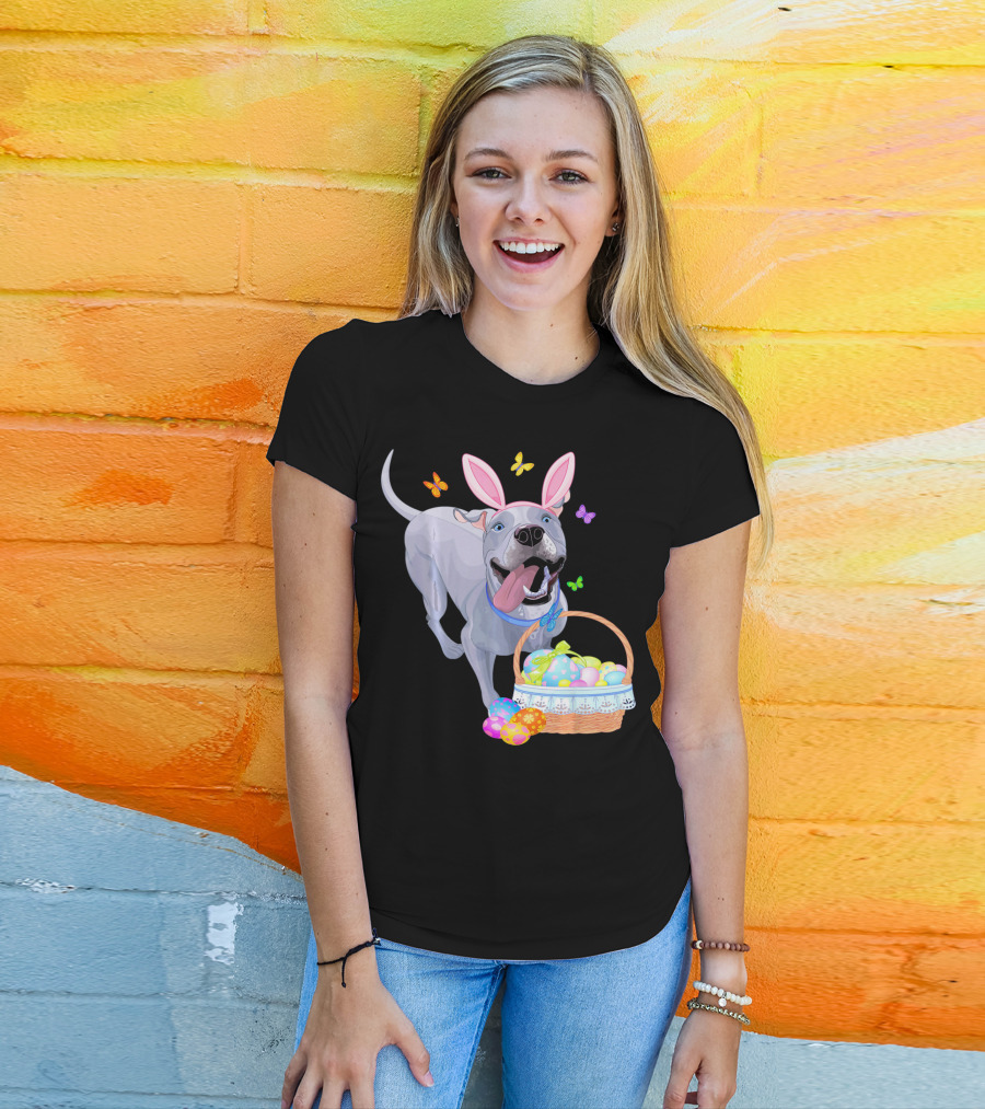 Gray Pit Bull Puppy With Bunny Ears And Easter Basket T-Shirt