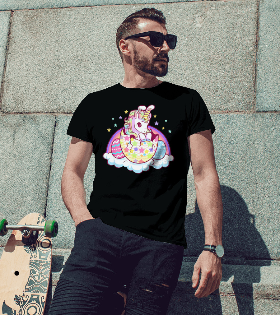 Easter Unicorn Hatching From Egg With Rainbow And Stars T-Shirt