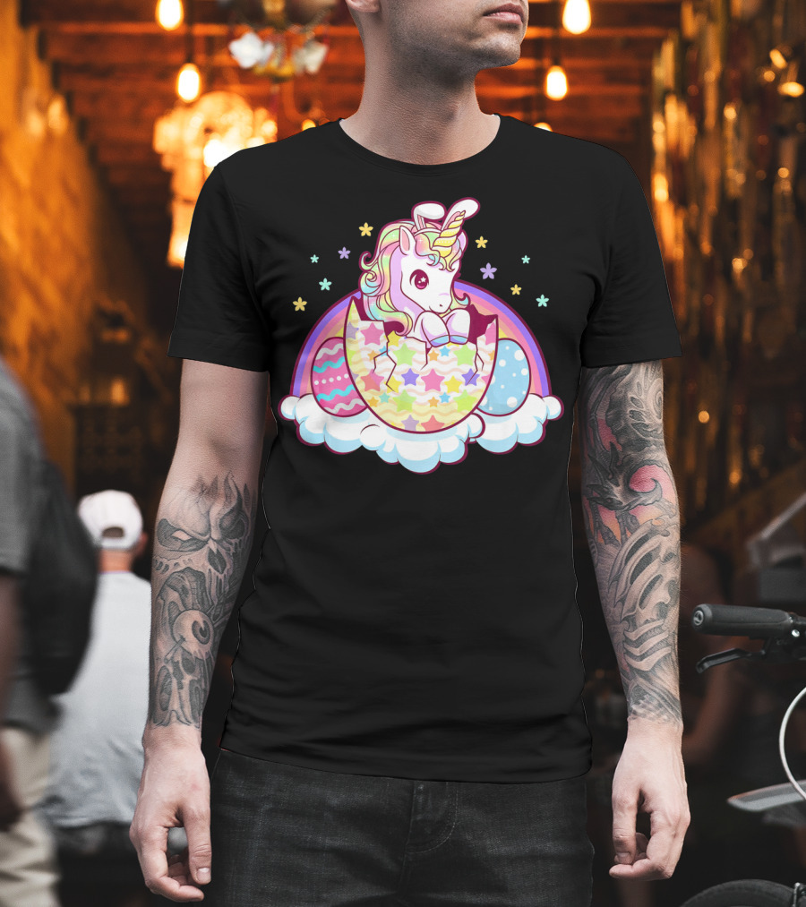 Easter Unicorn Hatching From Egg With Rainbow And Stars T-Shirt