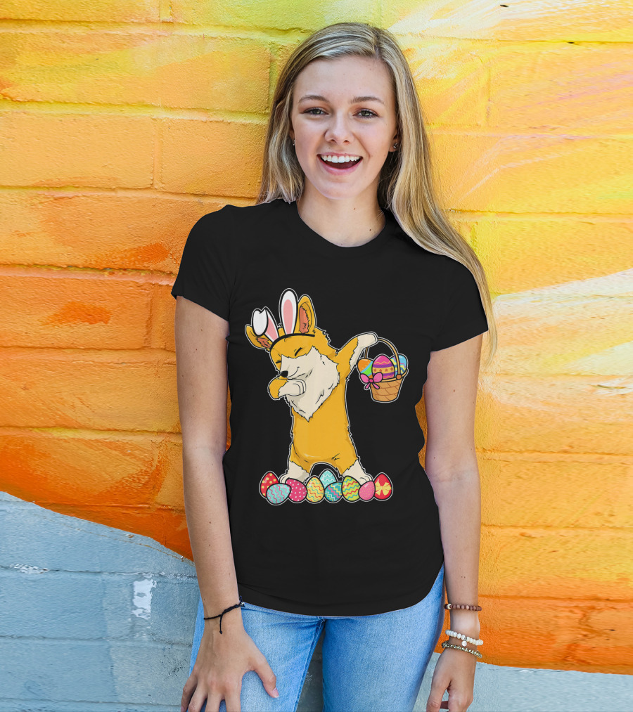 Corgi Dabbing Easter Basket Bunny Ears Eggs T-Shirt