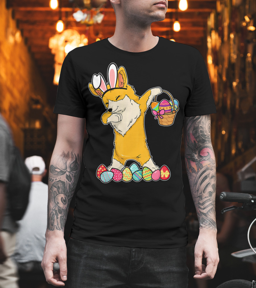 Corgi Dabbing Easter Basket Bunny Ears Eggs T-Shirt