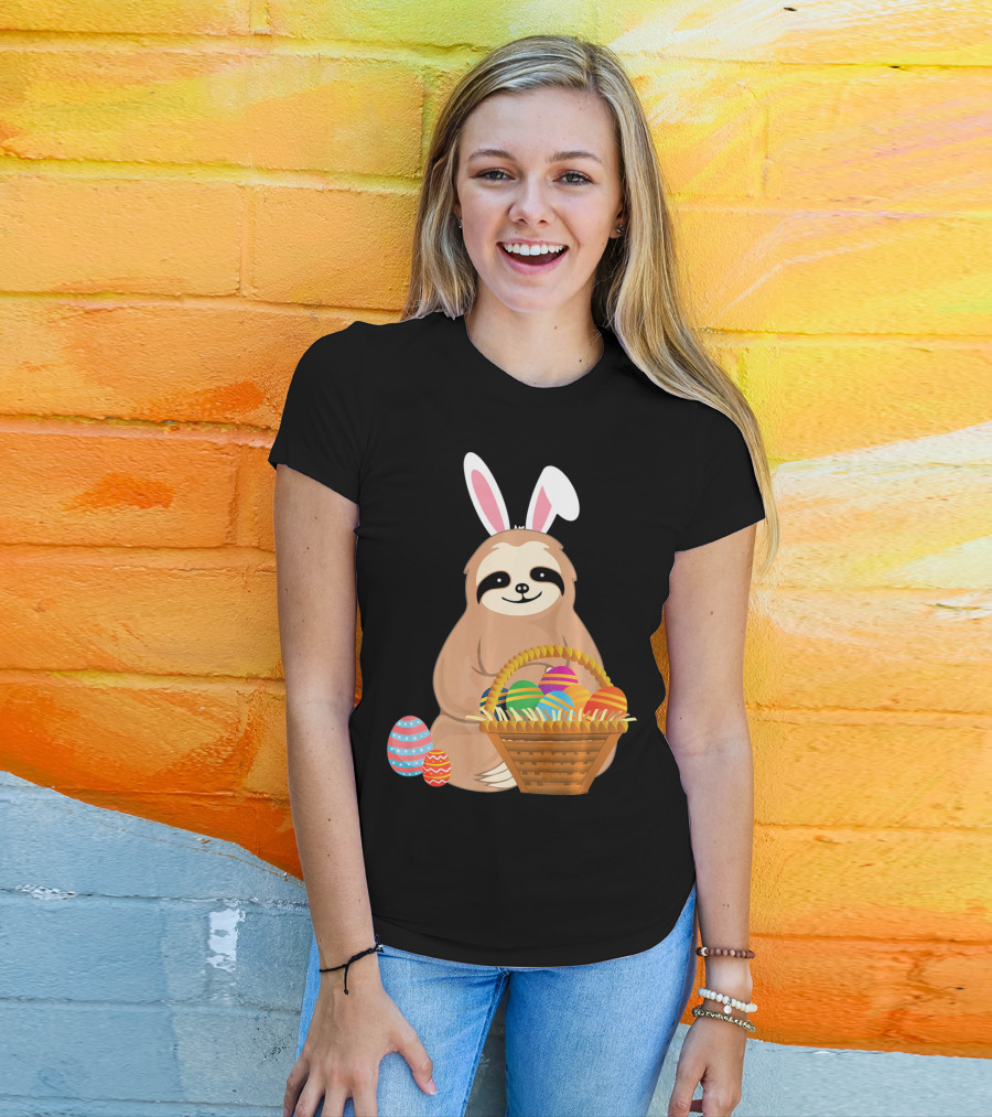 Easter Sloth Bunny With Colorful Eggs Basket T-Shirt