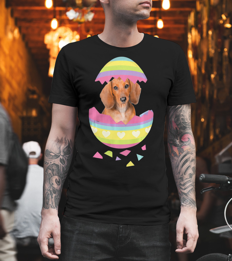 Dachshund In Colorful Easter Egg With Heart Stripes T-Shirt