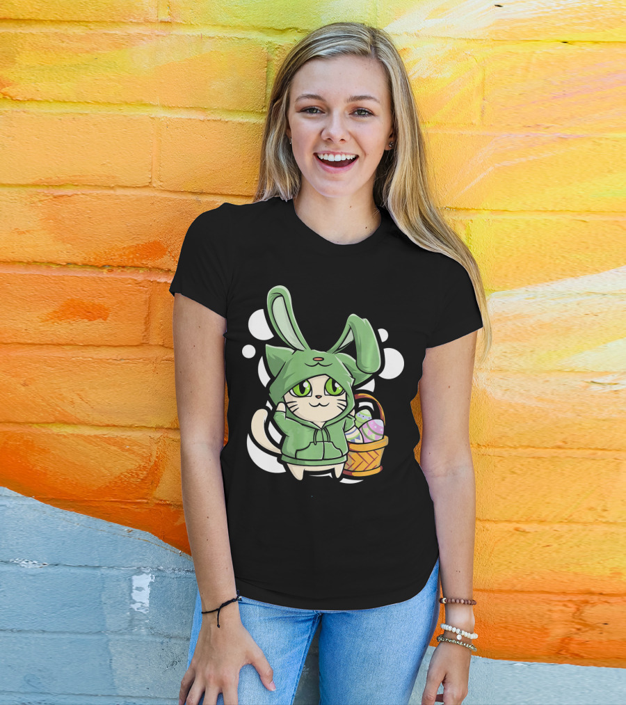 Cat Easter Bunny Hoodie Kawaii With Basket Of Eggs T-Shirt