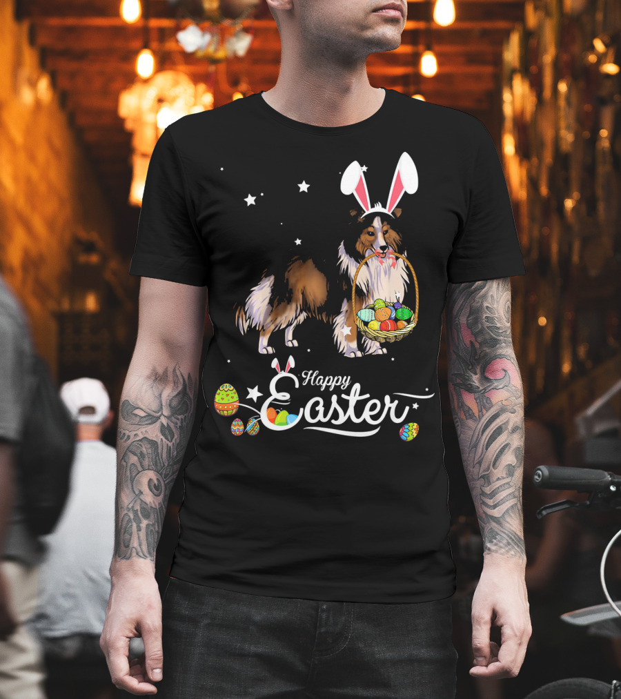 Shetland Sheepdog With Bunny Hat And Easter Eggs Happy Easter T-Shirt
