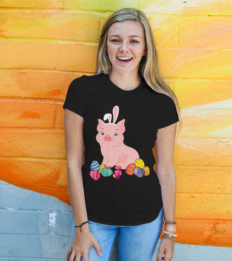 Pig With Bunny Ears Surrounded By Colorful Easter Eggs Easter Day T-Shirt