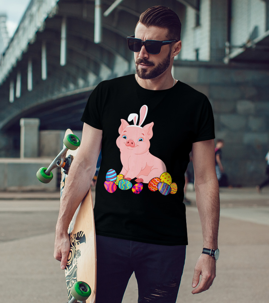 Pig With Bunny Ears Surrounded By Colorful Easter Eggs Easter Day T-Shirt