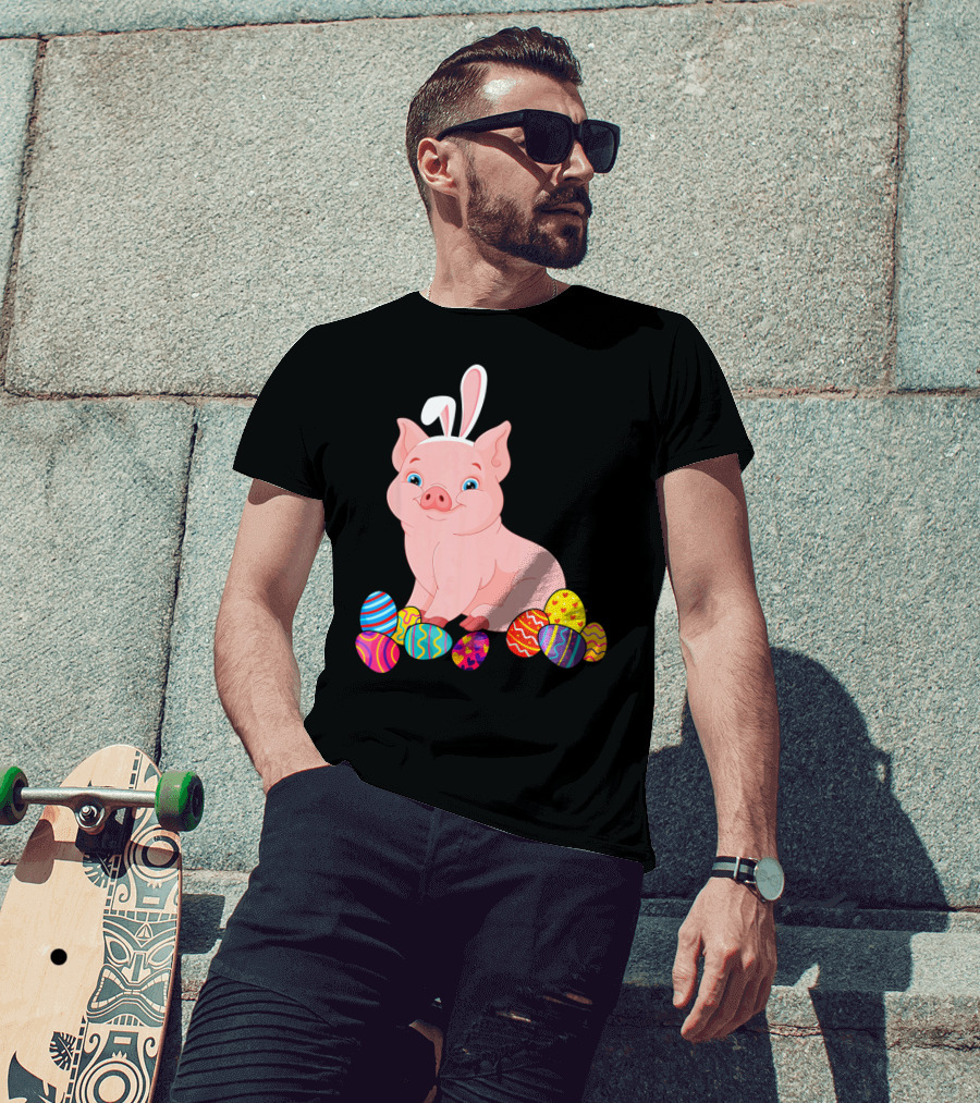 Pig With Bunny Ears Surrounded By Colorful Easter Eggs Easter Day T-Shirt