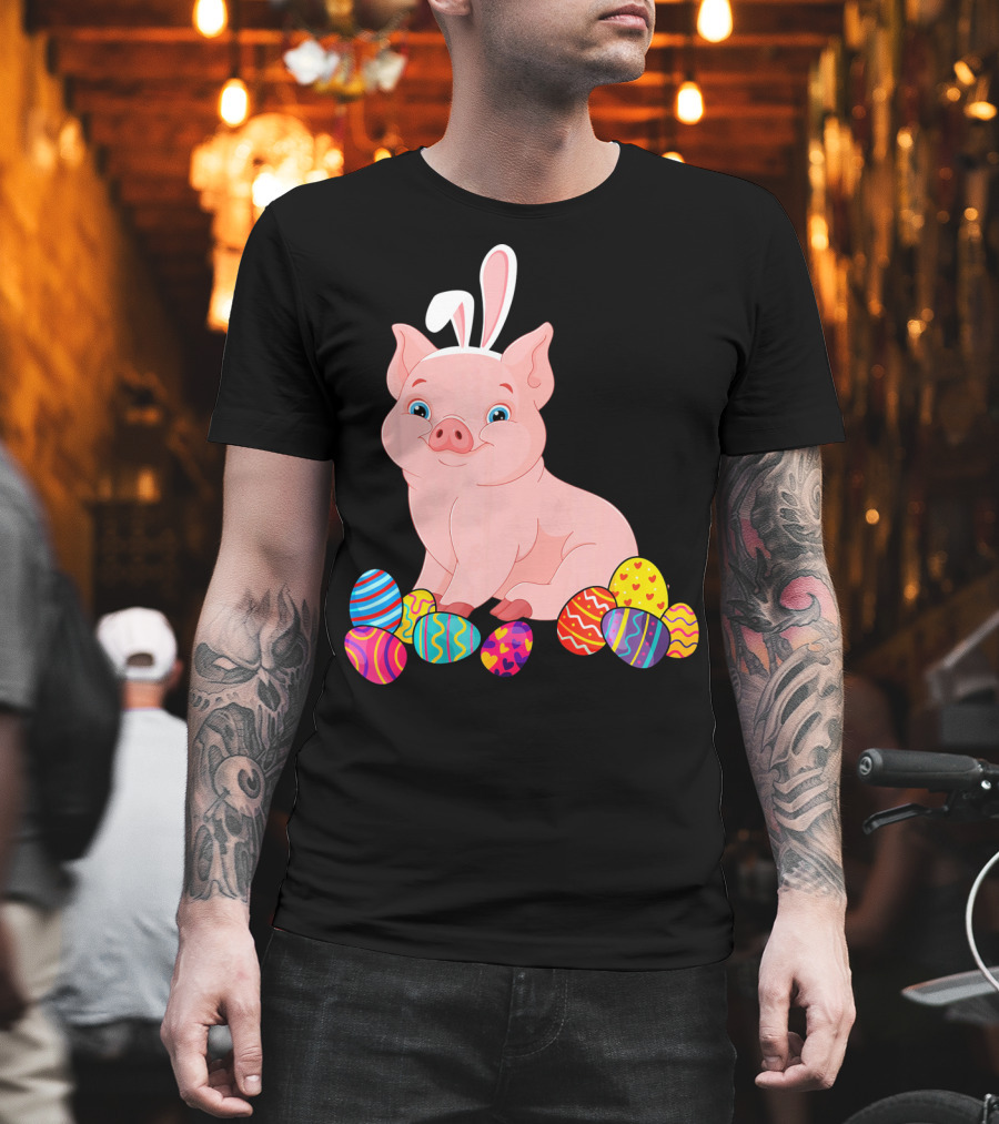 Pig with Bunny Ears Surrounded by Colorful Easter Eggs Easter Day T-Shirt