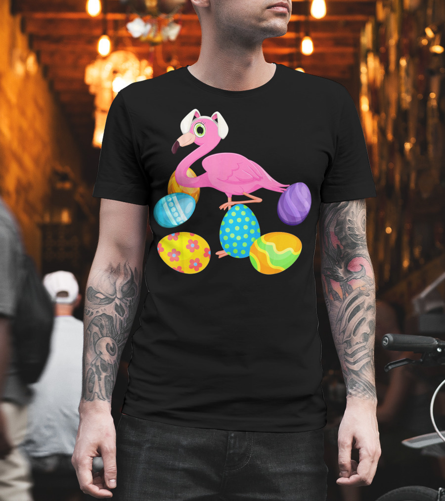 Flamingo Bunny Rabbit Hat with Colorful Easter Eggs Playing Easter T-Shirt