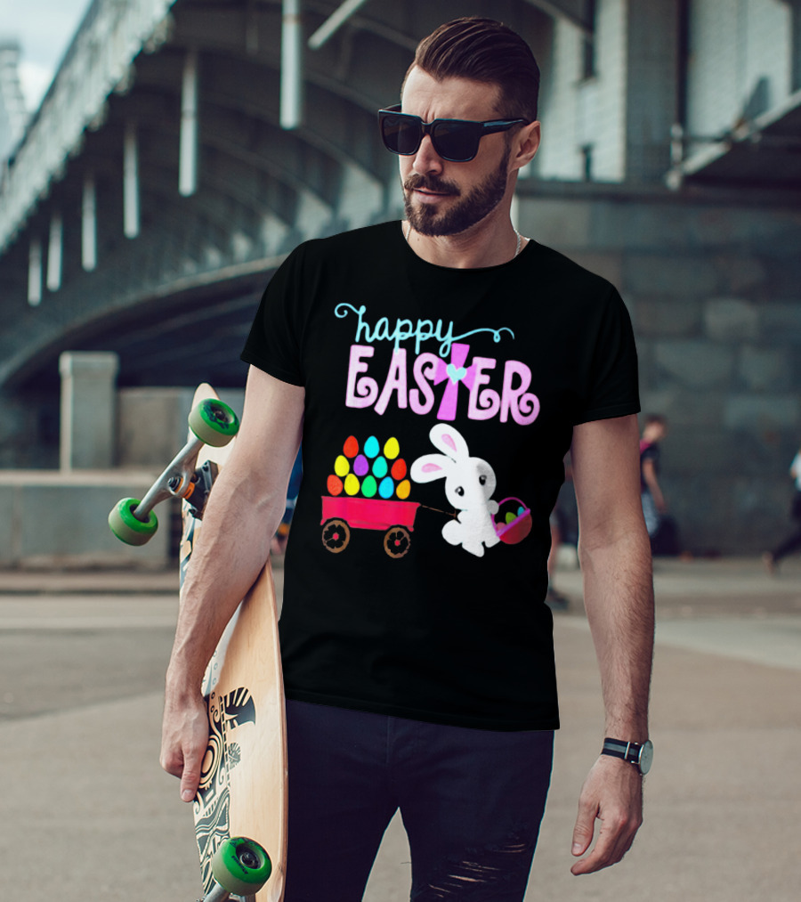 Happy Easter Bunny With Wagon Of Colorful Eggs T-Shirt