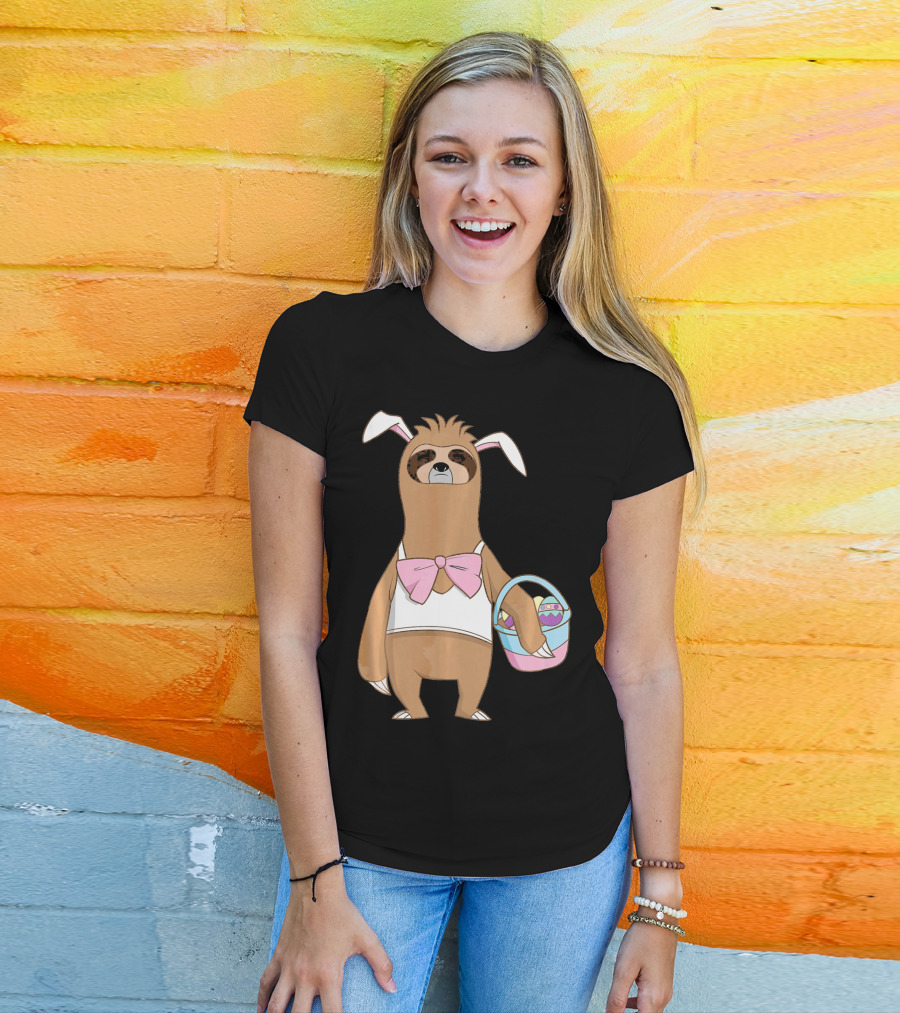 Sloth Easter Bunny Lazy Rabbit With Basket Of Eggs T-Shirt
