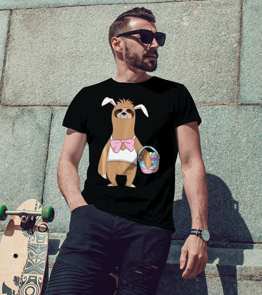 Sloth Easter Bunny Lazy Rabbit With Basket Of Eggs T-Shirt