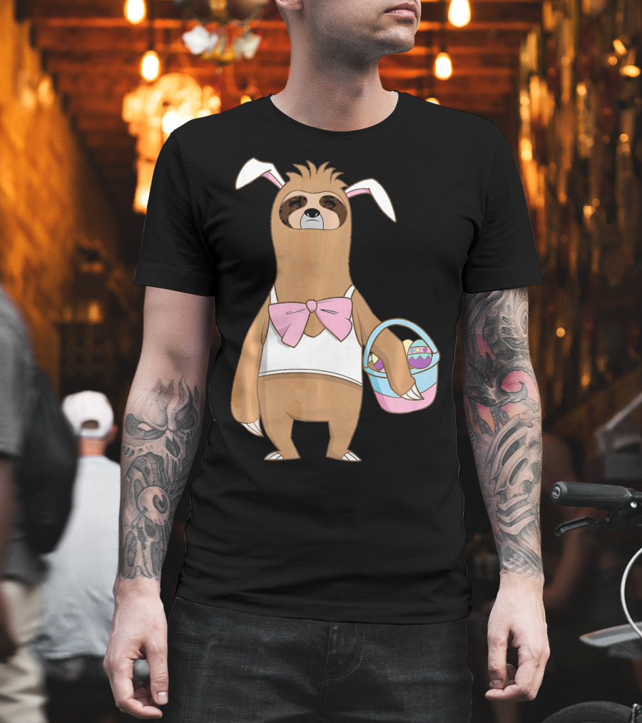 Sloth Easter Bunny Lazy Rabbit With Basket Of Eggs T-Shirt