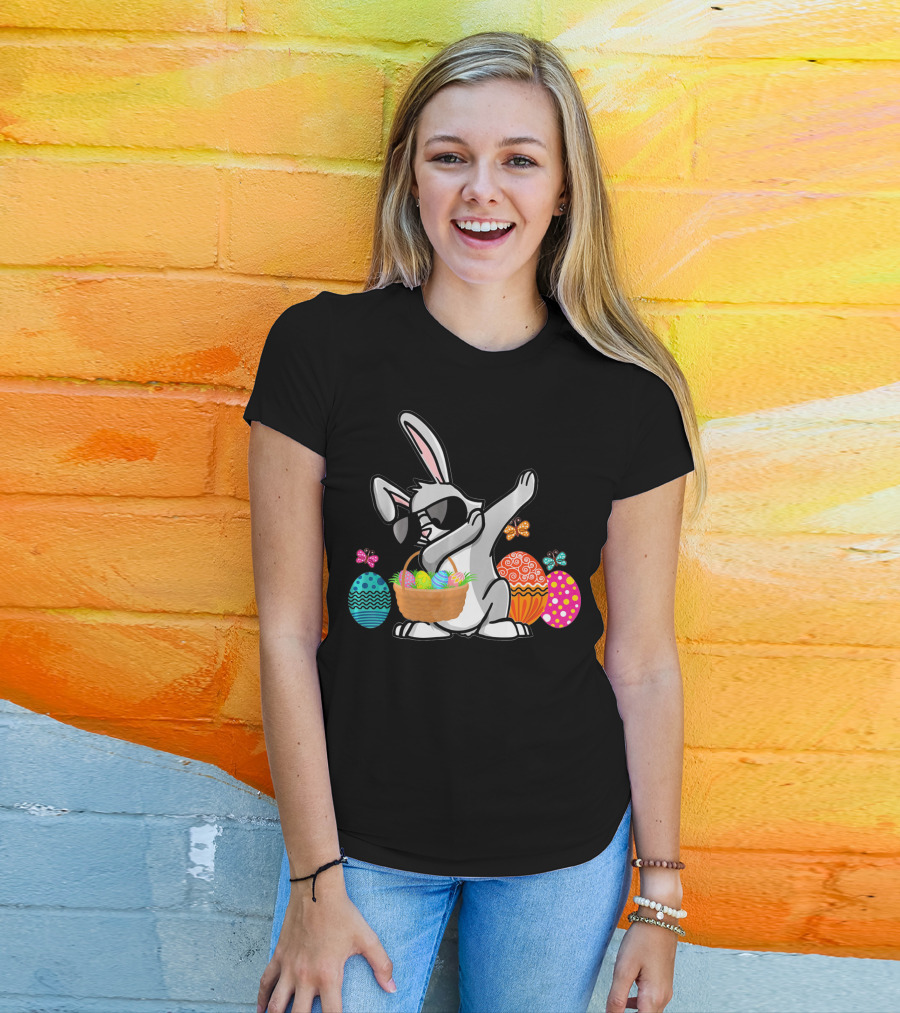 Dabbing Easter Bunny With Sunglasses And Basket Among Colorful Easter Eggs T-Shirt